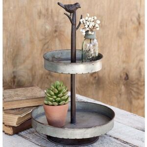 Galvanized Metal Decorative Bird Handle Two-Tier Farmhouse Stand 14"